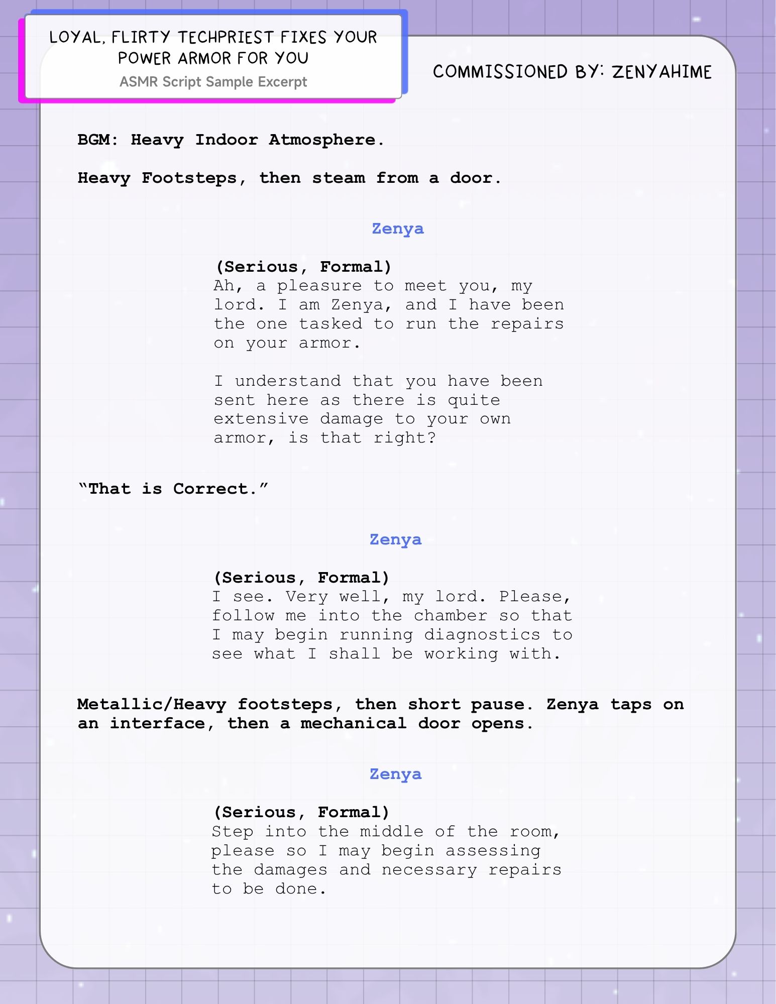 ASMR Script for ZenyaHima - "Flirty Techpriest Fixes Your Power Armor For You" portfolio artwork